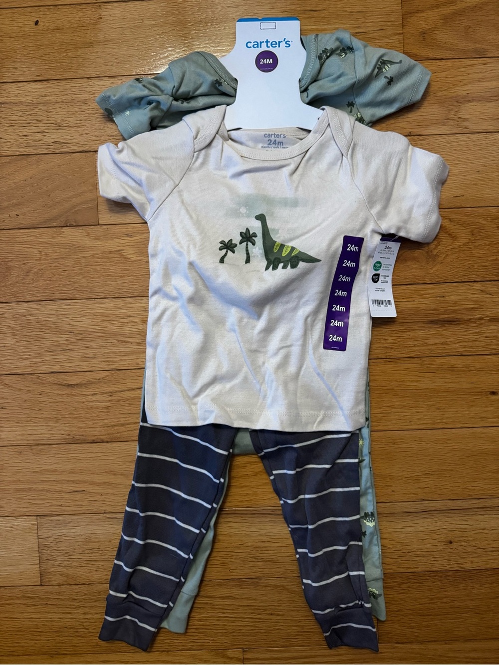 Carter's Off White & Green Dinosaur Short Sleeve Top and Pants Set - 24M